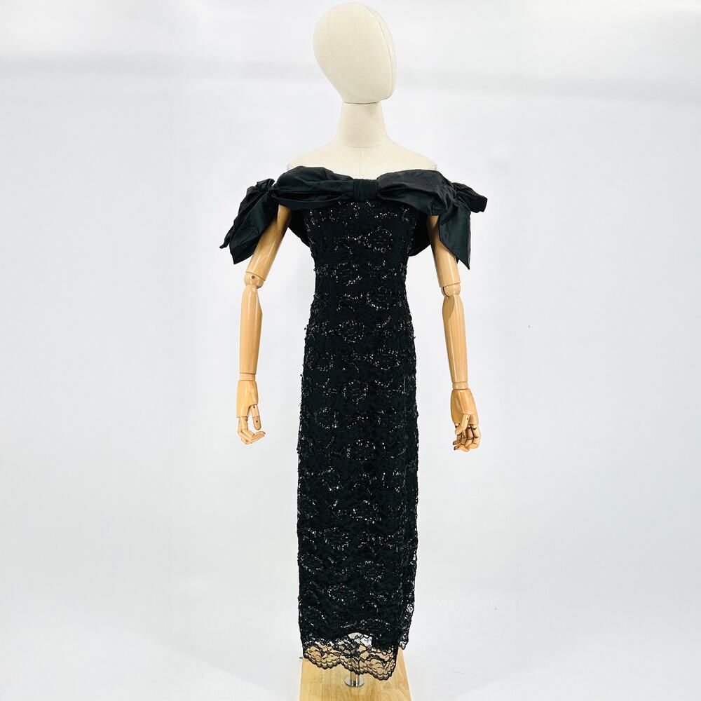 Vintage 80s Custom Black Lace Evening Off-Shoulder Bow Sequin Gown